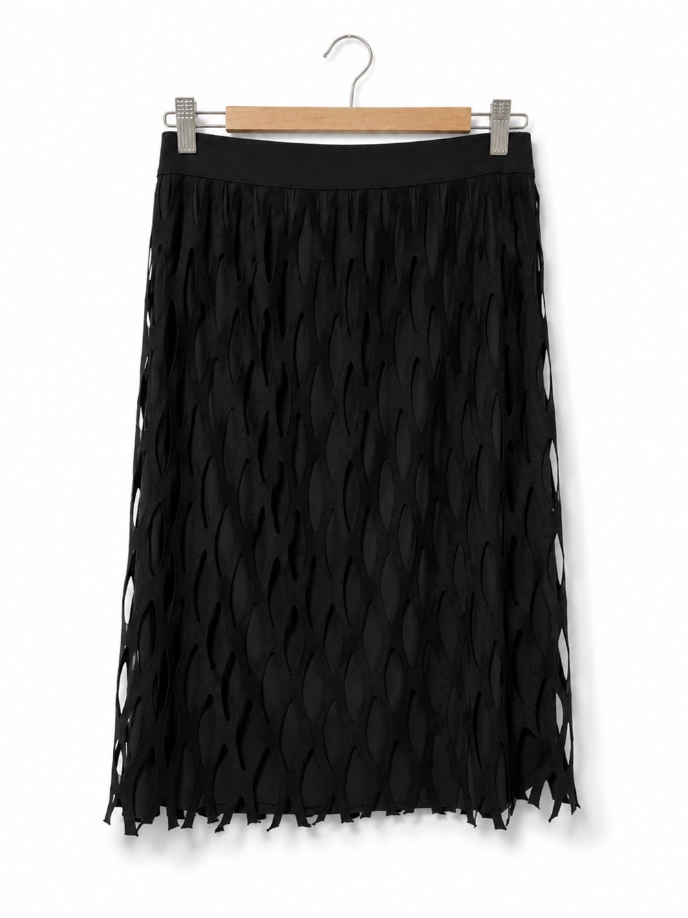 NWT SHAN Black Midi Skirt with Textured Cutout Overlay